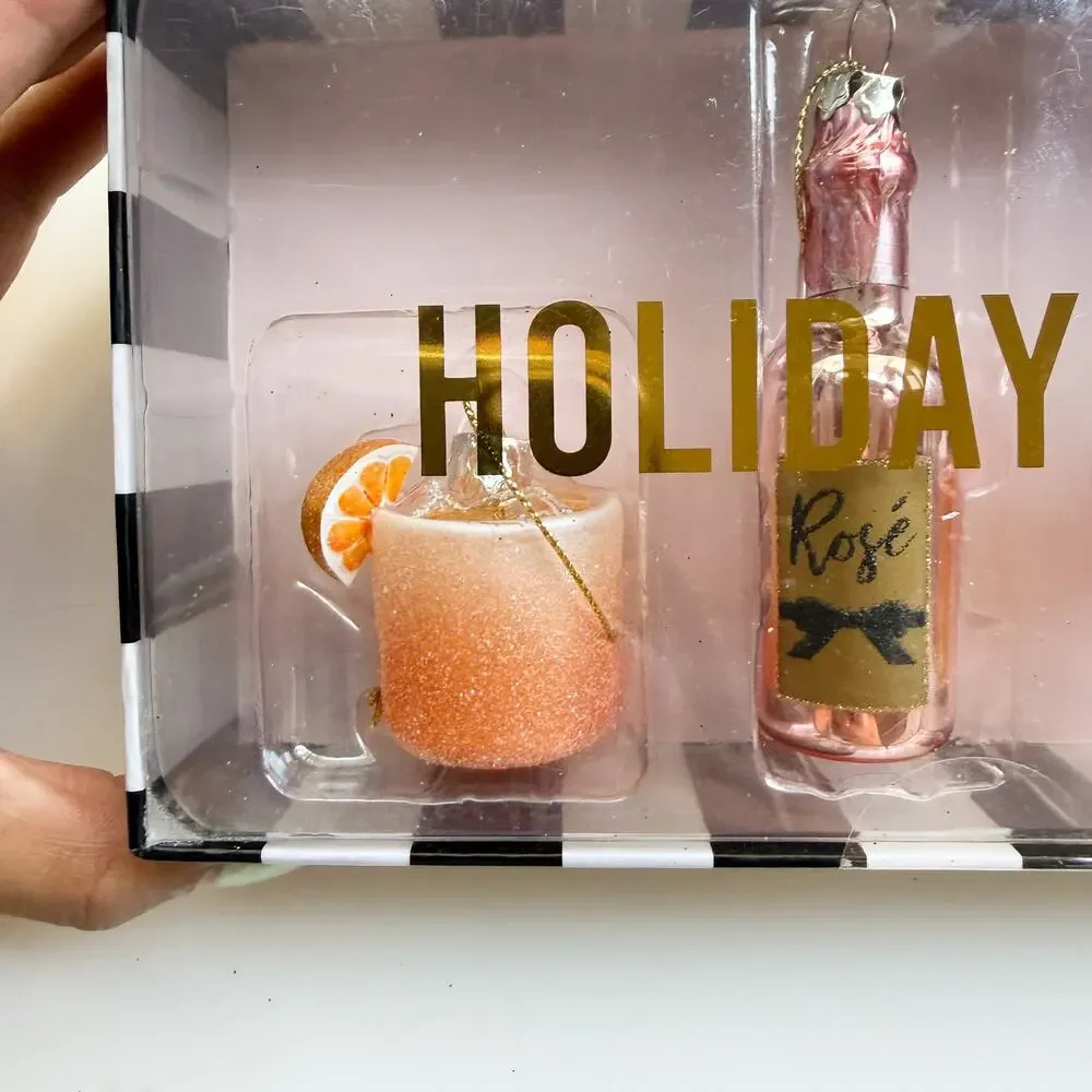 New Set of 4 Holiday Cheer Cocktails Drinks Glass Christmas Ornaments